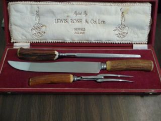 Lewis Rose & Co Ltd 3 - Pc Carving Set Real Stag Horn Sheffield Stainless England