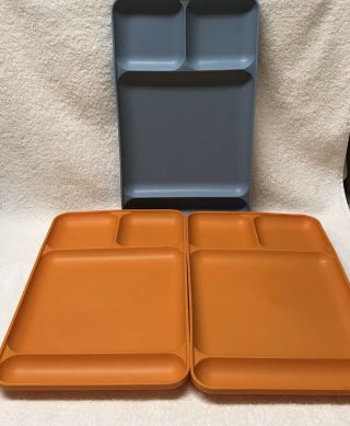 3 Tupperware Divided Lunch Tray 1535 Blue,  Orange Cafeteria Dining Tv Dinner