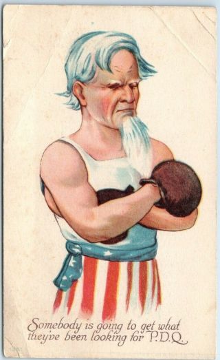 1910s World War I Wwi Patriotic Postcard Uncle Sam W/ Boxing Gloves -
