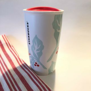 Starbucks To - Go Tumbler Cup Christmas Holly Red White Green Ceramic Heavy 12 Oz