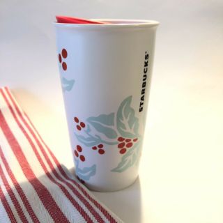 Starbucks To - Go Tumbler Cup Christmas Holly Red White Green Ceramic Heavy 12 Oz 2