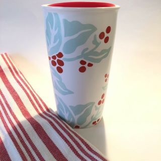 Starbucks To - Go Tumbler Cup Christmas Holly Red White Green Ceramic Heavy 12 Oz 3