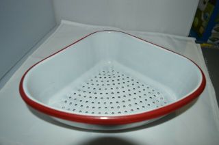 Vintage Red White Enamelware Colander Corner Sink Strainer Raised Feet