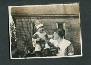 Vintage Photo Mother & Cute Boy W/ Toy Indian Hat & Steiff Teddy Bear 391009