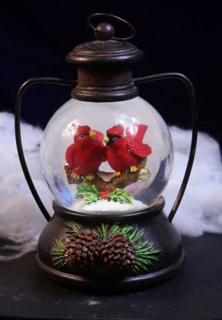 2 Red Cardinal Birds Lantern Snow Globe Christmas Plays Music - Jingle Bells