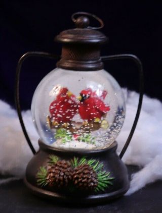 2 Red Cardinal Birds Lantern Snow Globe Christmas Plays Music - Jingle Bells 2