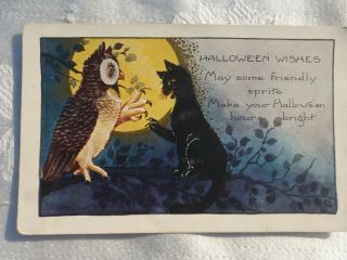 Vintage Whitney Made Halloween Postcard Owl Black Cat Yellow Moon