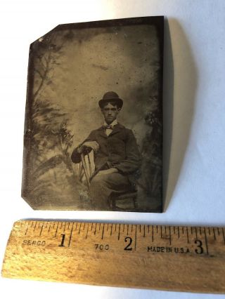 Vintage Tintype Photo Man With Hat & Bow Tie Antique Tin Type