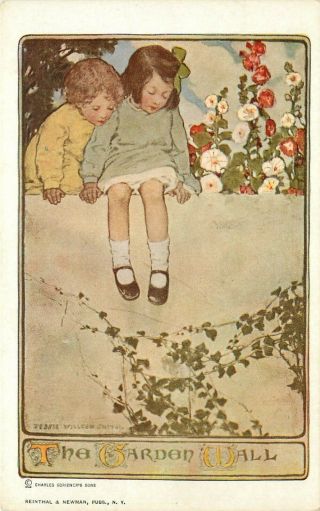 Jessie Wilcox Smith Art Postcard Children On The Garden Wall,  Hollyhocks Ser.  100