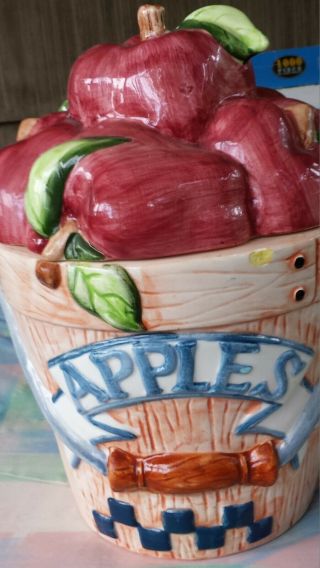 Cookie Jar - Apples In A Bucket 10 " Tall Porcelain Country Basket Biscuit Barrel