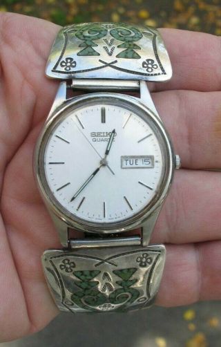 Vintage Men’s Sterling Silver & Turquoise Watch Cuff W/ Seiko Quartz Watch Runs