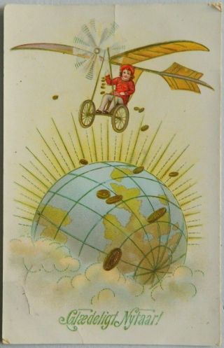 Vintage Year Postcard: Gnome Flying On Bicycle Plane Above The Earth 1914