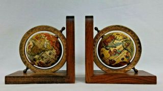 Vtg Pair Old World Map Globe Bookends Large Spinning Rotating Wood Base