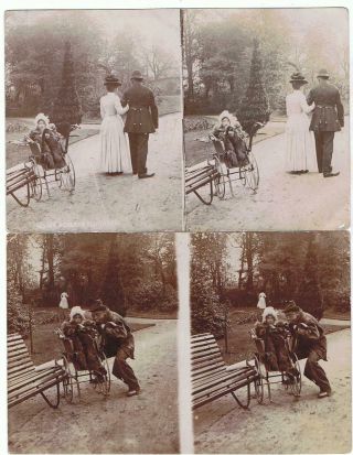 Stereoscopic Postcards Nanny Walks Out With Policeman Baby Left In Pram