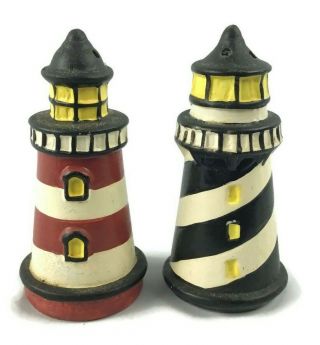 Nautical Beach Seaside Decor Lighthouse Salt & And Pepper Shakers Painted 3 " Tall