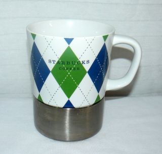 Starbucks 2006 14 Oz Ceramic & Stainless Bottom Blue Green Plaid Argyle Mug Cup