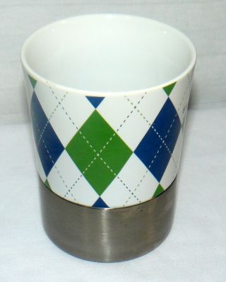 Starbucks 2006 14 oz Ceramic & Stainless Bottom Blue Green Plaid Argyle Mug Cup 3