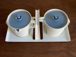 Vintage Tupperware Sugar Bowl and Creamer Set Blue and Off - white 1414 and 1415 2