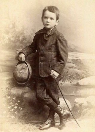 Antique Cabinet Photo Darling Little Boy W Walking Stick Cap Knickers By Rote