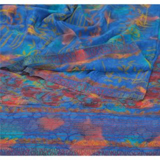 Sanskriti Vintage Blue Saree 100 Pure Crepe Silk Printed Fabric 5yd Craft Sari
