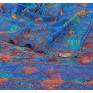 Sanskriti Vintage Blue Saree 100 Pure Crepe Silk Printed Fabric 5Yd Craft Sari 2