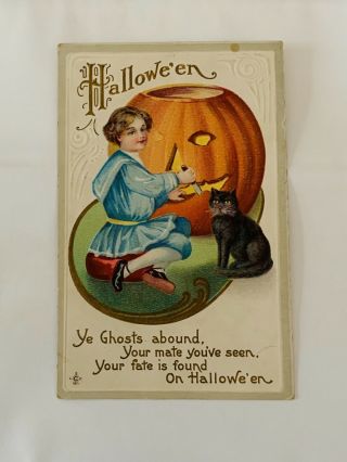 Vintage Halloween Postcard - Boy In Blue Carved Pumpkin - 226d