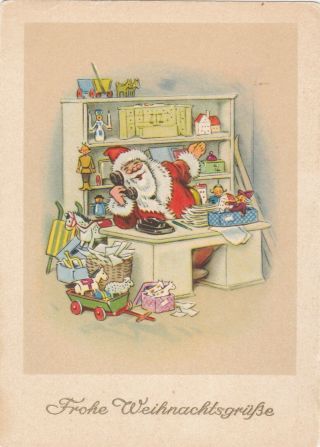 1950s Fritz Baumgarten Year Santa Claus In Cabinet Toys Old German Postcard