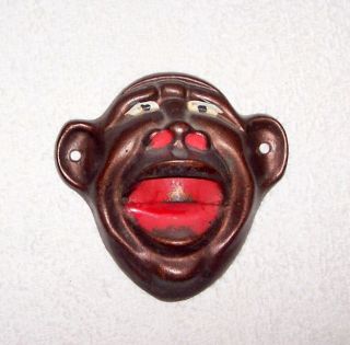 F - 404 Black Face " Crowley " Cast Iron,  Figural Wall Mount Bottle Opener Usa