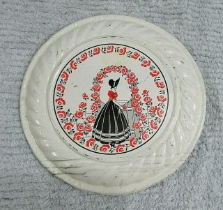 Vintage Flue Cover Tin Metal Girl Dress Red Flower Ivory Painted 8 " Dia S/h