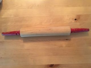 Vintage Rolling Pin Red Handles 16.  5 " Wooden
