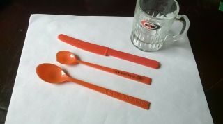 A&w Root Beer Mini Mug,  2 A&w Orange Plastic Spoons Stirrers,  Orange Knife
