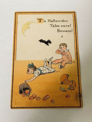 Vintage Tuck Halloween Postcard - Children,  Smashed Pumpkin,  Bats 190