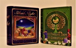 2 - Harry London Embossed Book Shaped Tins " Silent Night " & 12th Day Of Christmas