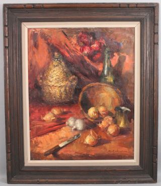 Large Vintage Albert Ruben Impressionist Still Life Oil Painting,  Wine & Onions