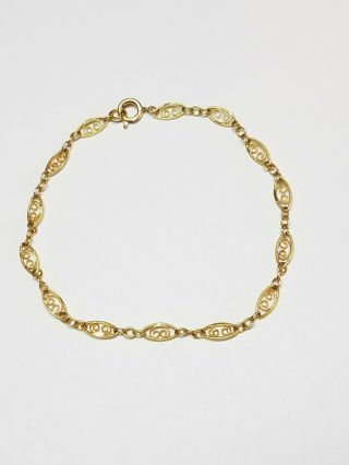 Vintage 14k Yellow Gold Filigree Oval Link 7 " Bracelet