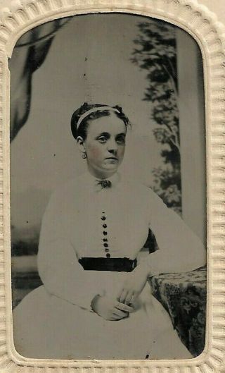 Tintype Photograph Young Woman Wearing White Dress Pink Cheeks