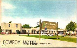 Route 66,  Del Camino Motel,  Amarillo,  Texas,  Linen Postcard - Cowboy