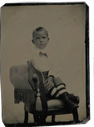 Tintype Photograph,  Cute Little Boy Seated On Chair Striped Stockings