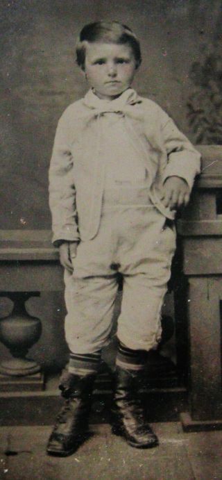 Tintype Photo Portrait Of An Adorable Little Boy Wearing A Cute Outfit & Boots