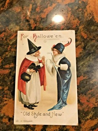 Vintage Halloween Postcard - Ellen Clapsaddle - Black Cat - Witch