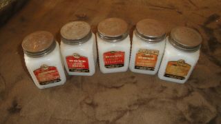 Set Of 5 Vintage Frank Dove White Milk Glass Spice Jars With Metal Shaker Lids