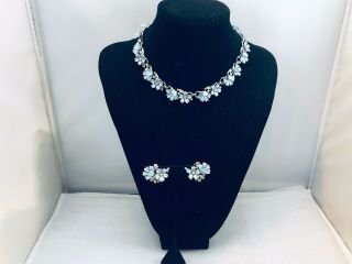 Vtg.  Crown Trifari Demi Blue Lucite Rhinestone Flowers Necklace & Clip Earrings