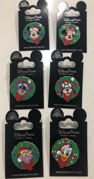 6 Disney Christmas Wreath Pin Set Holiday Mickey,  Minnie,  Stitch,  Figment,  More