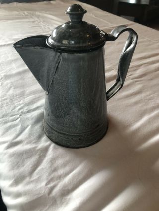 Vintage Gray Enamel Coffee Pot With Attached Lid