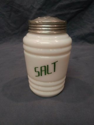 Vintage Milk Glass Salt Shaker Green Letters