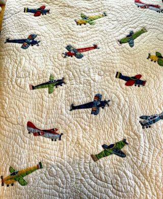Pre - Owned Pottery Barn Kids Vintage Airplane Planes Appliqué Twin Quilt