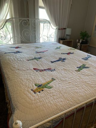 Pre - owned Pottery Barn Kids Vintage AIRPLANE Planes Appliqué Twin Quilt 2