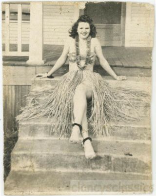 1920 Young Woman Hawaiian Hula Costume Sits On Stairs