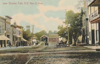 S21 1538 Postcard Brasher Falls,  Ny Main Street Horse Buggy Cart 1908