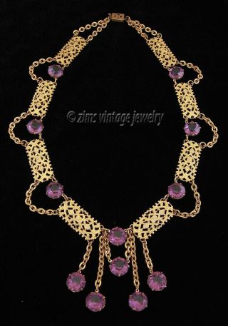 Vintage Old Art Deco Gold Floral Filigree Purple Crystal Festoon Fringe Necklace
